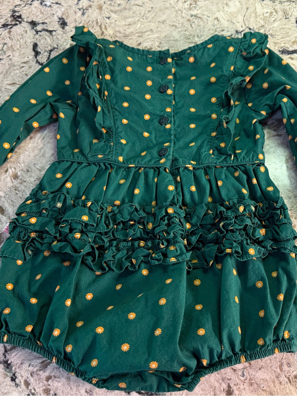 Ruffle Butts Emerald Green Long-Sleeve Bubble Romper with Gold Daisies - Picture 3 of 6